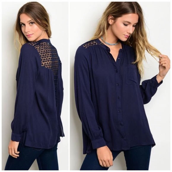 bohostylz Tops - ❗️CLOSING SALE❗️ Navy Crochet Back Button Down Top